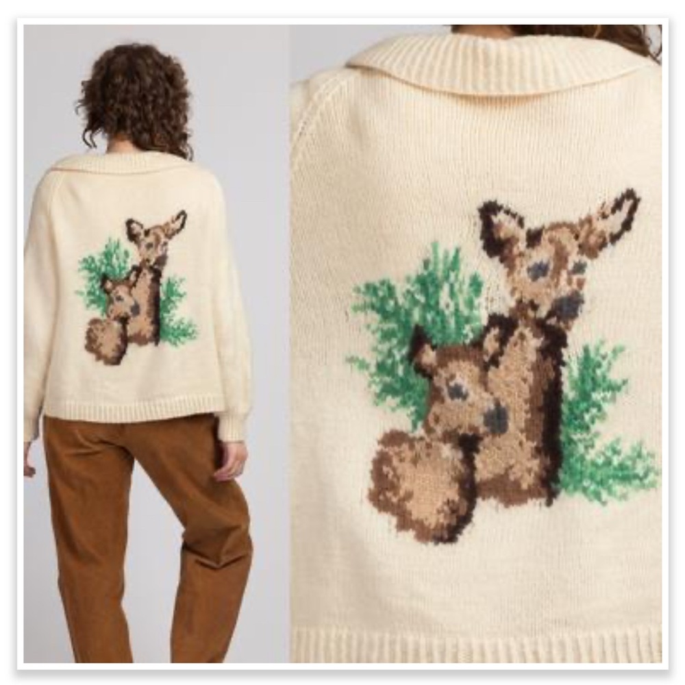 Adult Rare Vintage Hand-Knitted Cowichan Image of Mama Deer & Fawn Sweater